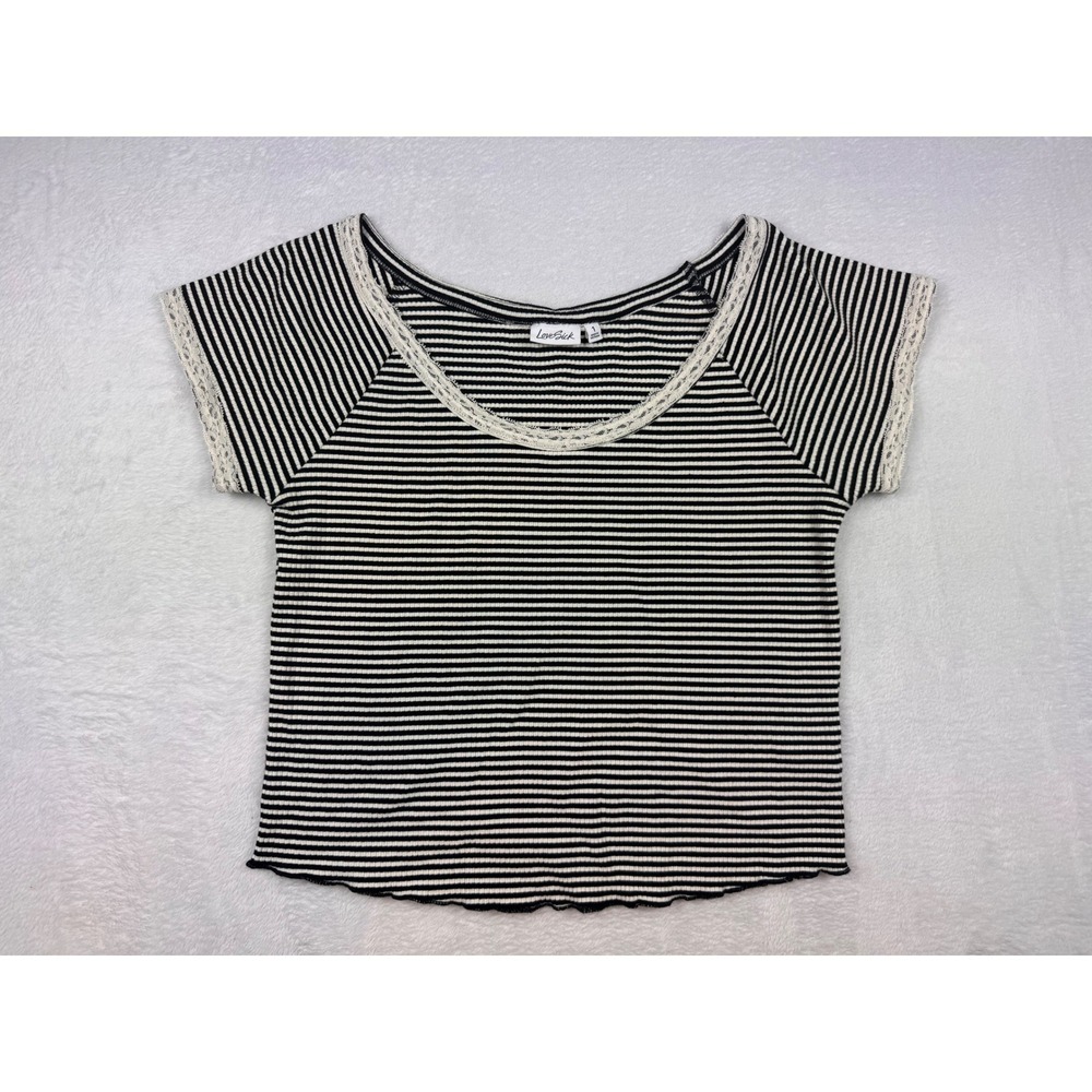 LoveSick Womens Black White Striped Lace Trim Ribbed Scoop Neck Top Size 1